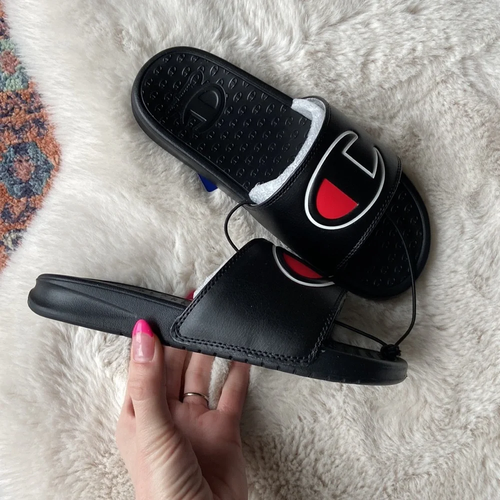 Champion kids super slide sandal black athletic slip on logo shoe boys size 4